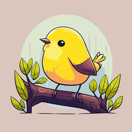 Cute little yellow bird sitting on a branch. vector illustration.のイラスト素材