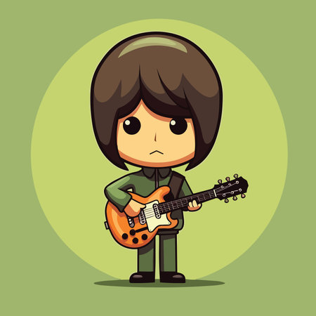 Boy playing electric guitar cartoon character vector illustration. Boy with a guitar.のイラスト素材