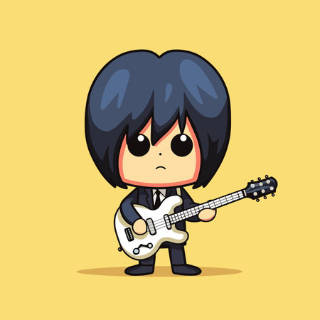 Cartoon boy playing electric guitar. Cute and funny vector illustration.のイラスト素材