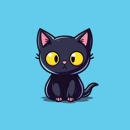 Cute cartoon black cat with yellow eyes. Vector illustration isolated on blue background.のイラスト素材