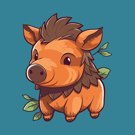Cute cartoon wild boar with green leaves. vector illustration.のイラスト素材