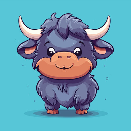 Cute cartoon buffalo with big horns on blue background. vector illustration.のイラスト素材