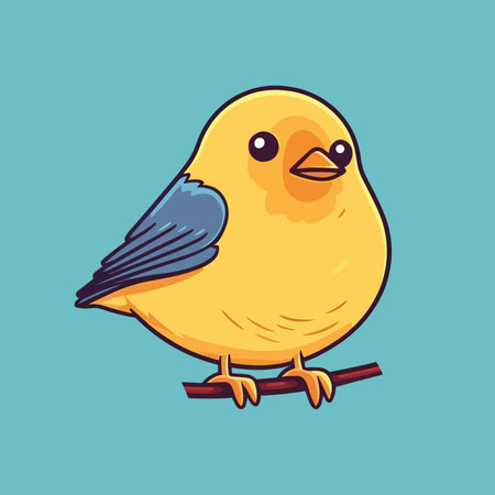 Cute little yellow bird on a branch. cartoon vector illustration.のイラスト素材
