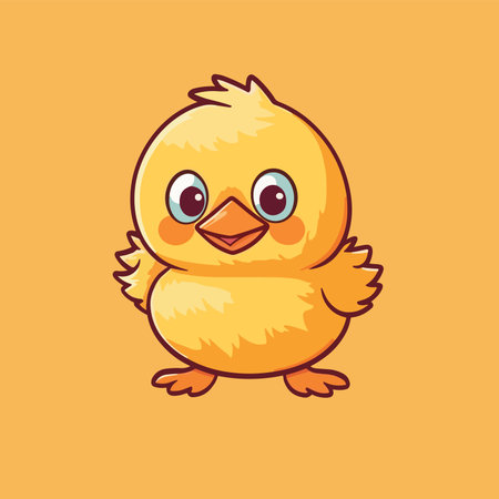 Cute cartoon chicken isolated on orange background. Vector illustration of a baby chicken.のイラスト素材