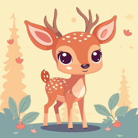 Cute little deer in the forest. vector illustration. cartoon style.のイラスト素材