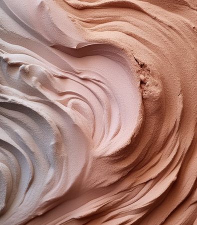 Close up of white and beige smudged liquid foundation texture.の素材