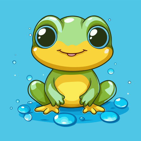 Cute cartoon frog sitting on the blue background. vector illustration.のイラスト素材