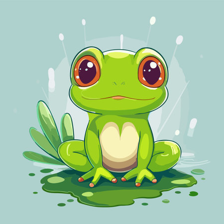 Cute cartoon green frog sitting on the grass. vector illustration.のイラスト素材
