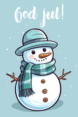 Cheerful Scandinavian Christmas card with cute smiling snowman. God Jul lettering means Merry Christmas in Swedish, Danish, Norwegian, Icelandic. Colorful Nordic winter holidayのイラスト素材
