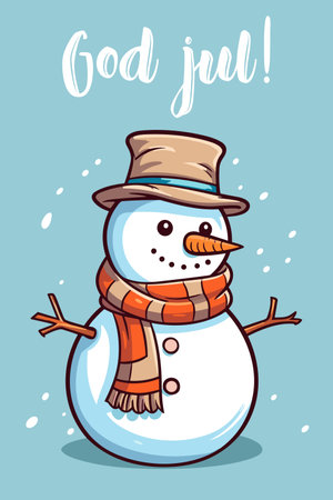 Cheerful Scandinavian Christmas card with cute smiling snowman. God Jul lettering means Merry Christmas in Swedish, Danish, Norwegian, Icelandic. Colorful Nordic winter holidayのイラスト素材
