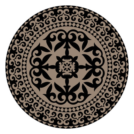 Round golden black Frame ornament, workpiece for your design. Ornamental Oriantal elements and motifs of Kazakh, Kyrgyz, Uzbek, national Asian decor for plate, textile, print designのイラスト素材
