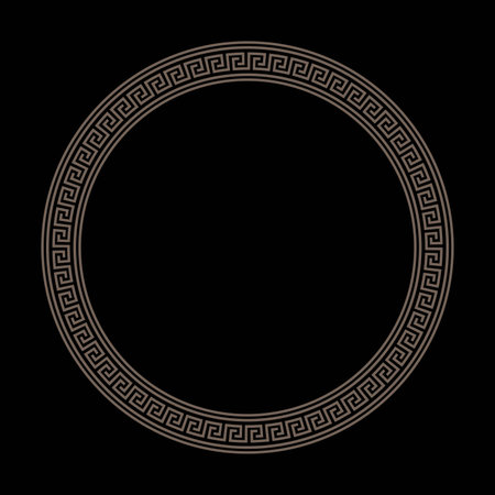 Gold Round ornament meander frame on black background. Greek key. Typical egyptian, assyrian, greek motives circle border. Arabic geometric texture. Islamic Art. African ornamentのイラスト素材