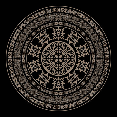 Round ornamental gold frame. Template for laser cutting. Ancient Turkic ornaments. Art, customs, traditions Kazakhstan. For wallpaper, pattern fills, plate, textile, skullcapのイラスト素材