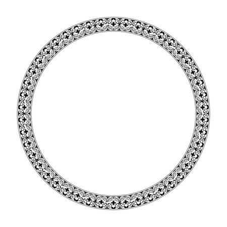 Round monochrome floral european national pattern. Ethnic circle ornament of Ancient Greece, Roman Empire. For round surfaces, invitations, textiles, engraving, embroidery, forgingのイラスト素材