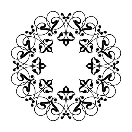 Round frame medallion with arabesques and floral elements. Abstract black ornament. European ornament. Circle, ring. For household utensil, textile, embroidery, porcelainのイラスト素材