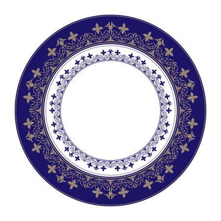 Beautiful round frame with arabesques and stars. Vintage European Blue gold plate with floral ornament. For textile, embroidery, porcelain, sandblast, laser, engraving, ceramicsのイラスト素材