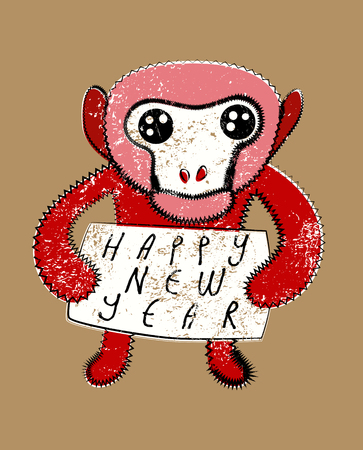 Happy New Year! Typographic Christmas greeting card design with monkey. Grunge vector illustration.のイラスト素材