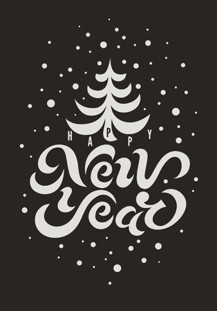 Happy New Year! Calligraphic retro Christmas greeting card design. Black-white vector illustration.のイラスト素材