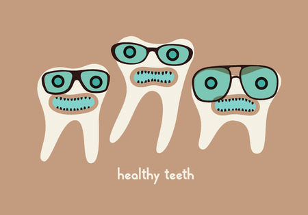 Funny teeth cartoon characters in glasses. Vector illustration.のイラスト素材