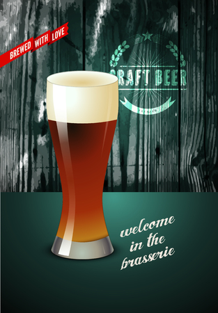 Vintage beer poster with glass of beer. Vector illustration with wooden background.のイラスト素材