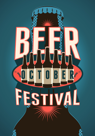 Beer Festival vintage style poster with a beer bottles. Retro vector illustration.のイラスト素材