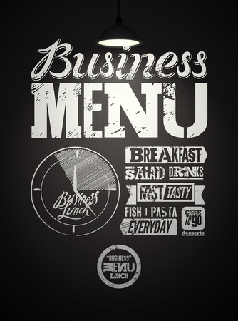 Restaurant menu typographic design on chalkboard. Vintage business lunch poster. Vector illustration.のイラスト素材