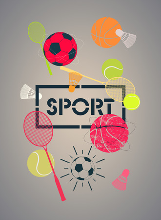 Sport poster with basketballs, footballs, tennis balls, rackets and shuttlecocks. Vector illustration.のイラスト素材