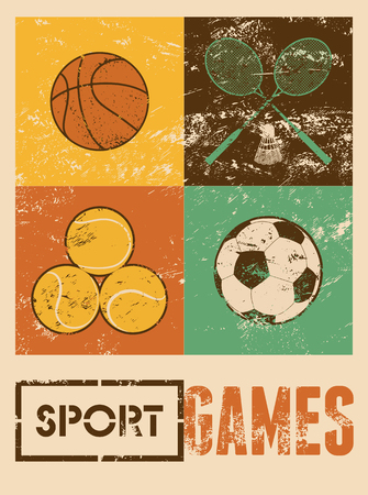 Sport games. Typographic retro grunge poster. Basketball, badminton, football, tennis. Vector illustration.のイラスト素材