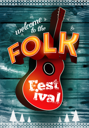 Folk festival poster with acoustic guitar shape on wood background. Vector illustration. Eps 10.のイラスト素材