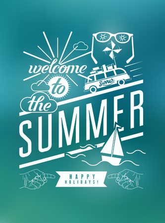 Welcome to the summer. Typographic retro poster with blurry background. Vector illustration.のイラスト素材
