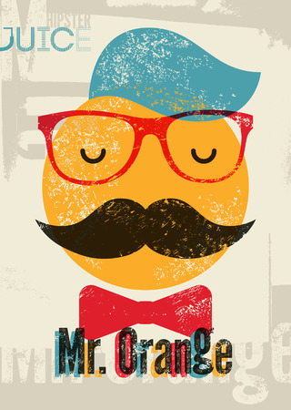 Typographic retro grunge orange juice poster. Funny hipster character Mr. Orange. Vector illustration. Eps 10.のイラスト素材
