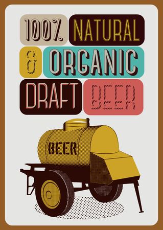 Beer poster in retro style with an iron barrel of beer on wheels. Vector illustration.のイラスト素材