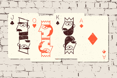 Jack, Queen, King and Ace. Stylized playing cards in grunge style on the brick wall background. Vector illustration.のイラスト素材
