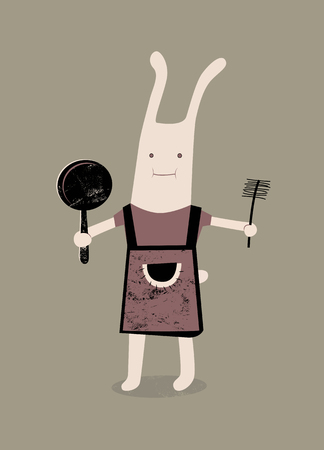 Cartoon rabbit with a frying pan and brush in hand. Vector illustration.のイラスト素材