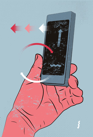 Vector illustration in retro style with hand holding smart phone, touching screen.のイラスト素材