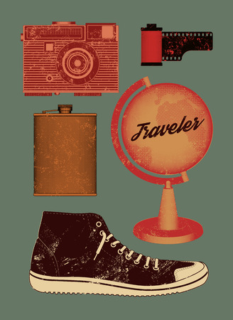 Vector grunge set of retro things for traveler.のイラスト素材