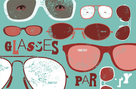 Retro grunge poster for glasses party. Glasses background. Vector illustration.のイラスト素材