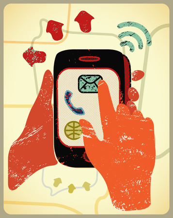 Vector illustration in retro style with hands holding a smart phone.のイラスト素材