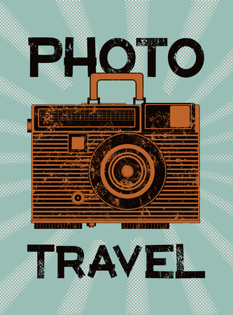 Photo travel. Vintage camera-suitcase. Retro grunge style poster. Vector illustration.のイラスト素材