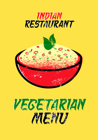Vegetarian menu card for Indian restaurant. Vector illustration. Typographic grunge design.のイラスト素材