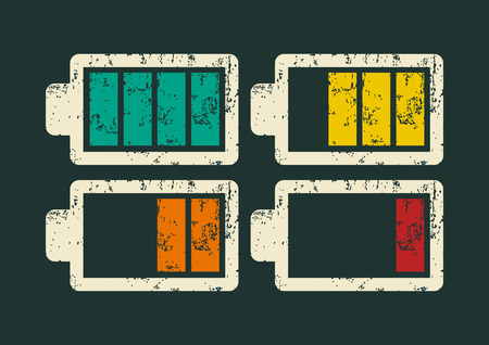 Battery icons set. Typographic retro grunge vector illustration.のイラスト素材