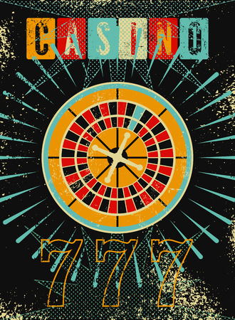 Casino vintage grunge style poster with roulette. Retro illustration.のイラスト素材