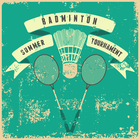 Badminton typographic vintage grunge style poster. Retro illustration with rackets and shuttlecock.のイラスト素材