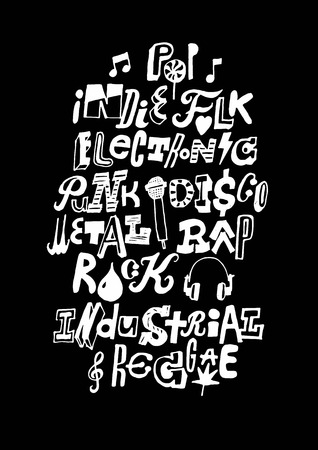 Music styles hand drawn icons. Vector illustration.のイラスト素材