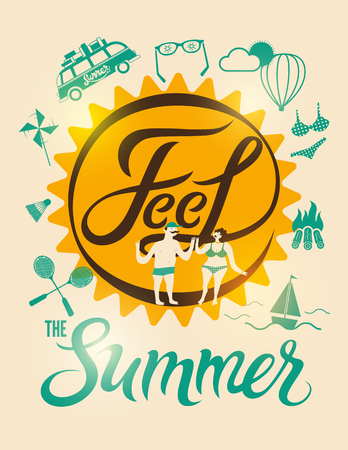 Feel the summer. Calligraphic retro poster with cartoon couple and tourism design elements. Vector illustration.のイラスト素材