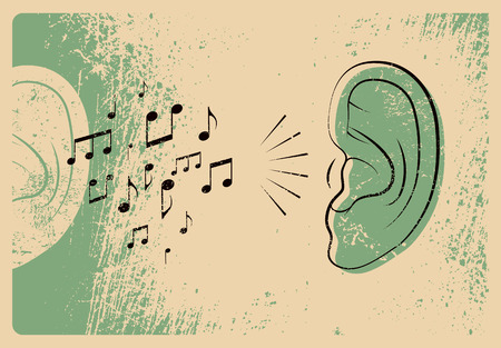 Ear with music notes. Music typographic vintage grunge style poster. Retro vector illustration.のイラスト素材