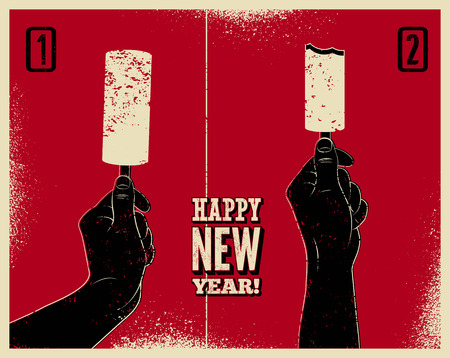 Happy New Year! Typographic grunge vintage Christmas card design with ice cream funny instruction. Hand holds ice cream. Retro vector illustration.のイラスト素材