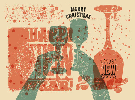 Merry Christmas and Happy New Year. Typographic vintage style Christmas card or poster design. Hands with glasses. Retro grunge vector illustration.のイラスト素材