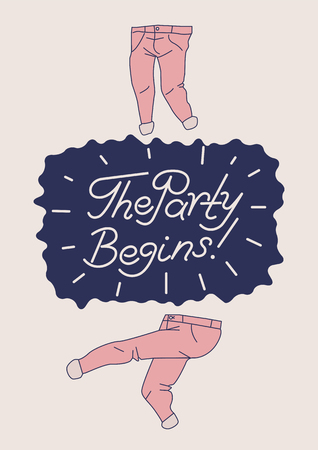 The Party Begins! Calligraphic Party poster design with dancing trousers. Vector illustration.のイラスト素材