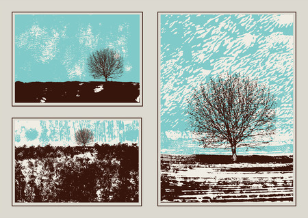 Set of abstract grunge landscapes with tree. Hand drawn brush strokes and stains textures. Vector illustration.のイラスト素材